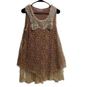 Pretty Angel Boho Layered Crochet Tunic Top Sleeveless Brown